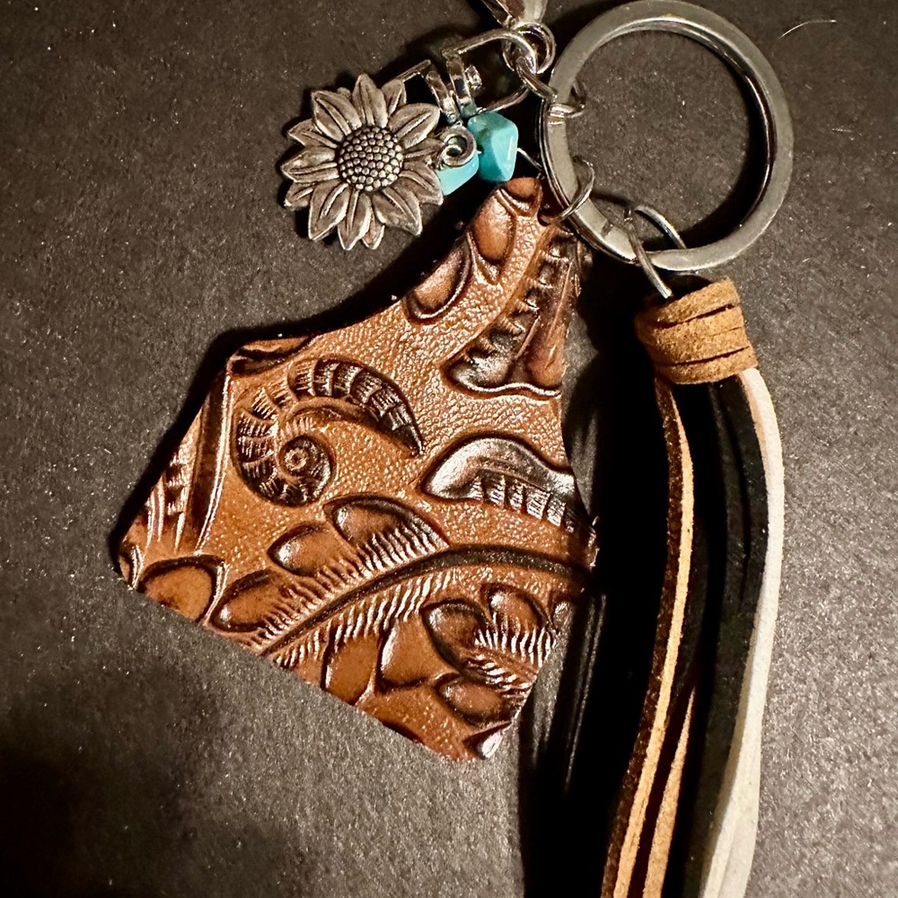 Handcrafted Leather Keychain with Sunflower Charm